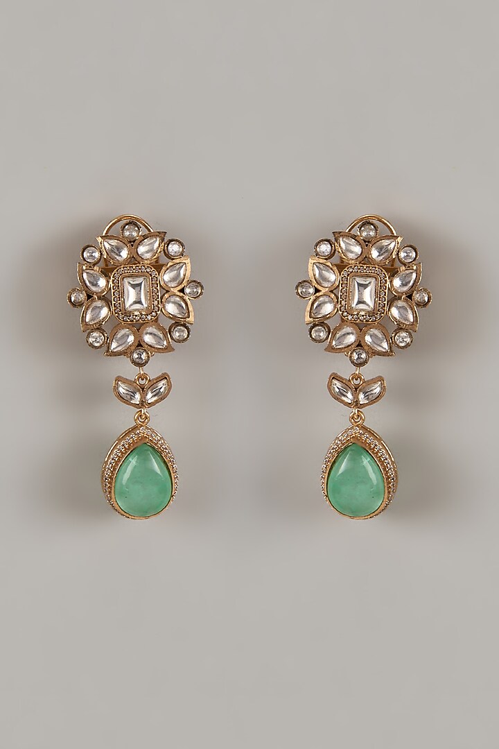 Gold Finish Synthetic Emerald & Uncut Zircon Dangler Earrings by Aryah Jewels at Pernia's Pop Up Shop