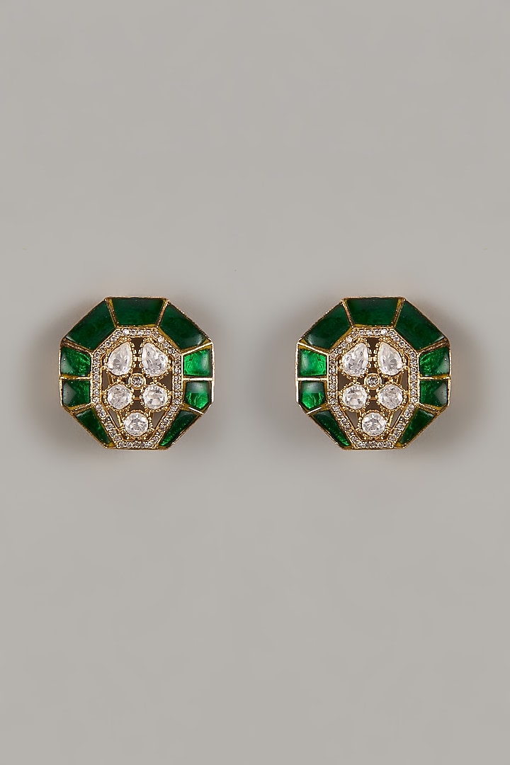 Gold Finish Synthetic Emerald & Uncut Zircon Stud Earrings by Aryah Jewels at Pernia's Pop Up Shop