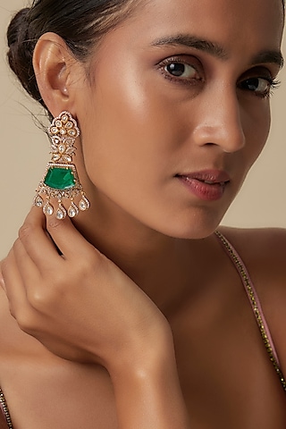 Gold Finish Synthetic Emerald & Uncut Zircon Dangler Earrings by Aryah Jewels
