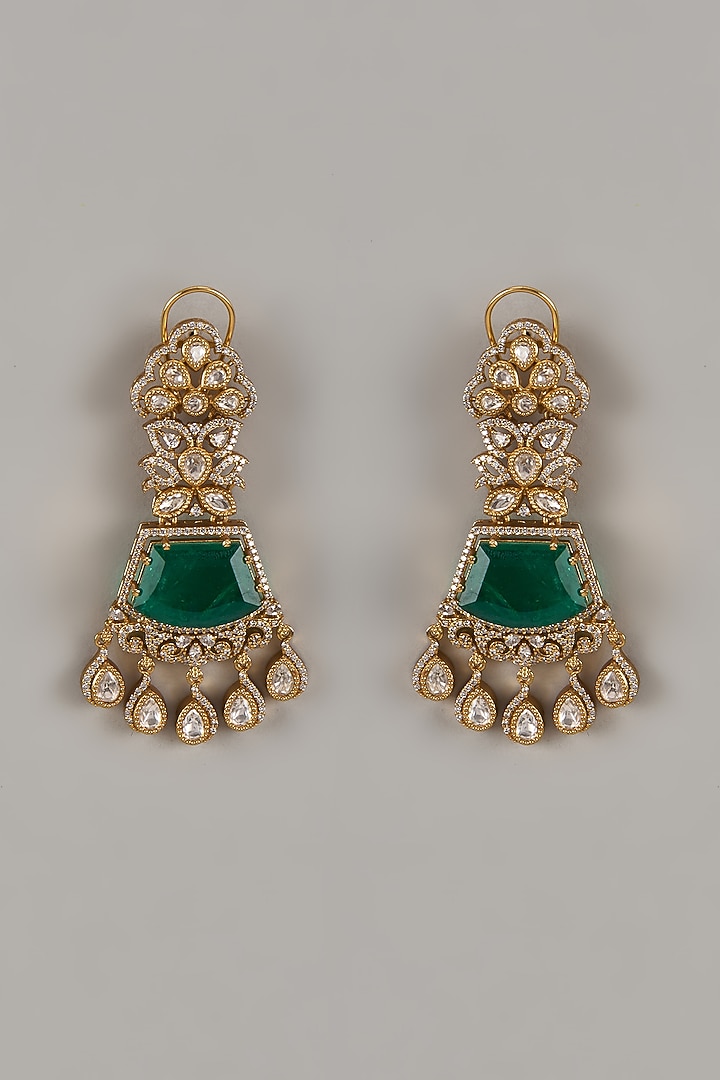 Gold Finish Synthetic Emerald & Uncut Zircon Dangler Earrings by Aryah Jewels at Pernia's Pop Up Shop