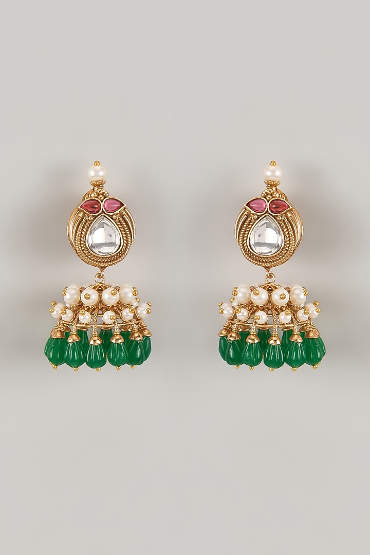 Gold Finish Pearl & Zircon Dangler Earrings by Aryah Jewels at Pernia's Pop Up Shop