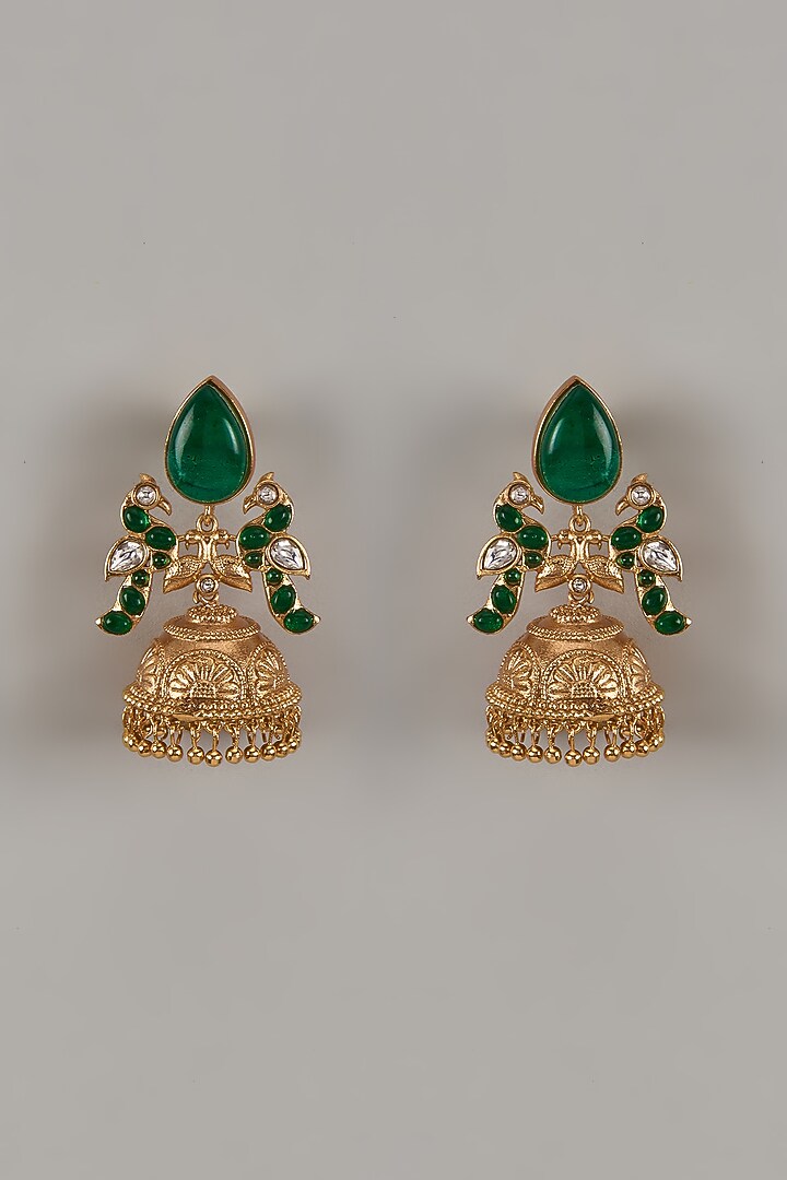 Gold Finish Uncut Zircon & Synthetic Emerald Dangler Earrings by Aryah Jewels at Pernia's Pop Up Shop