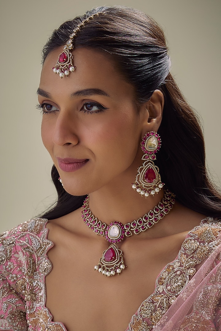 Victorian Finish Ruby Stone & Uncut Zircon Choker Necklace Set by Aryah Jewels at Pernia's Pop Up Shop