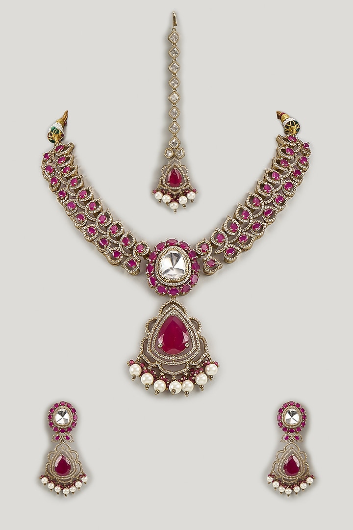 Victorian Finish Ruby Stone & Uncut Zircon Choker Necklace Set by Aryah Jewels at Pernia's Pop Up Shop