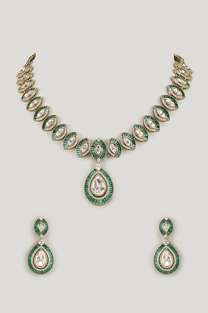 Victorian Finish Emerald Stone & Uncut Zircon Pendant Necklace Set by Aryah Jewels at Pernia's Pop Up Shop