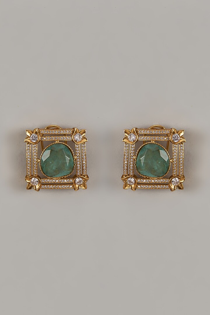 Gold Finish Uncut Zircon & Synthetic Mint Green Stone Stud Earrings by Aryah Jewels at Pernia's Pop Up Shop