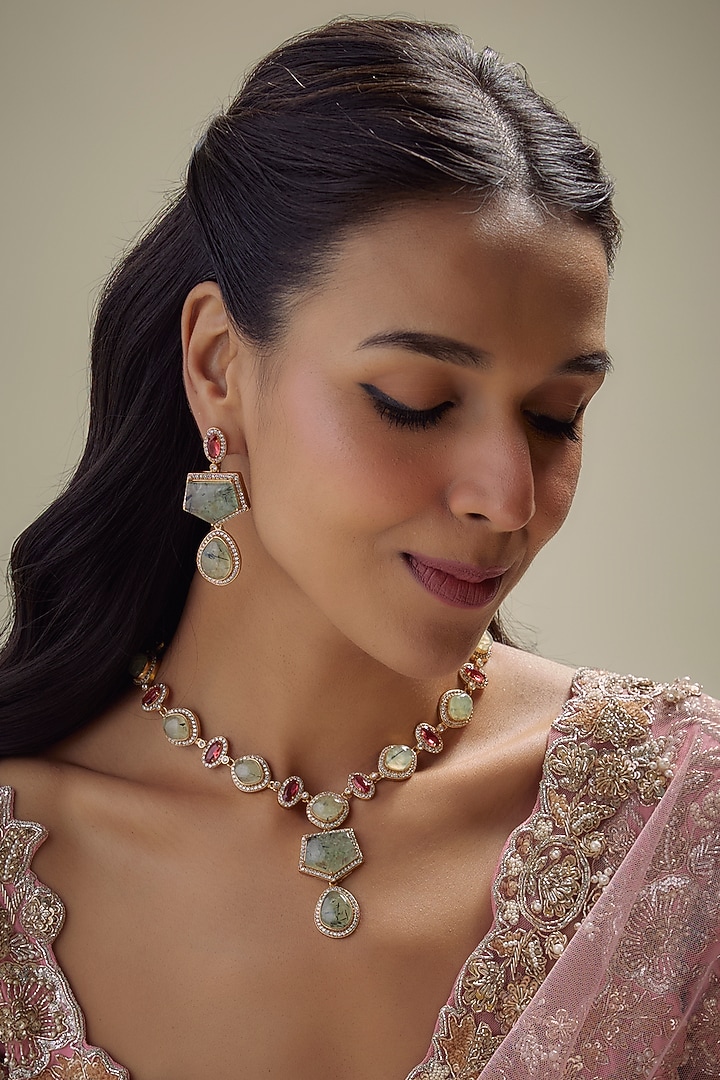 Gold Finish Multi-Colored Stone & Uncut Zircon Pendant Necklace Set by Aryah Jewels at Pernia's Pop Up Shop