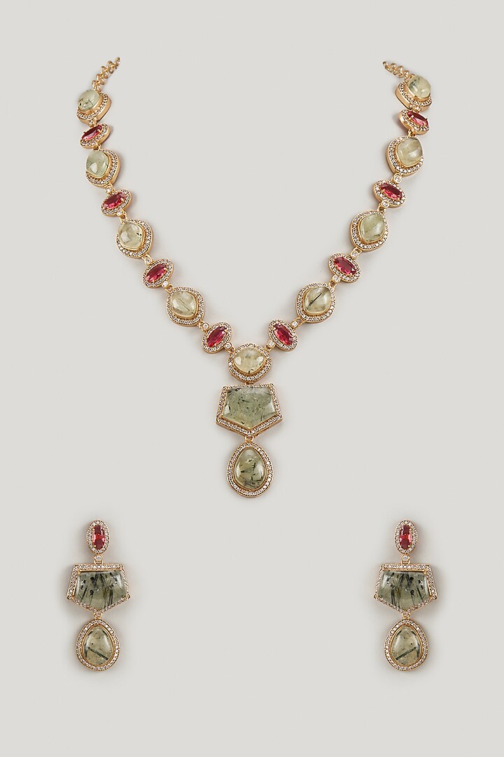 Gold Finish Multi-Colored Stone & Uncut Zircon Pendant Necklace Set by Aryah Jewels at Pernia's Pop Up Shop