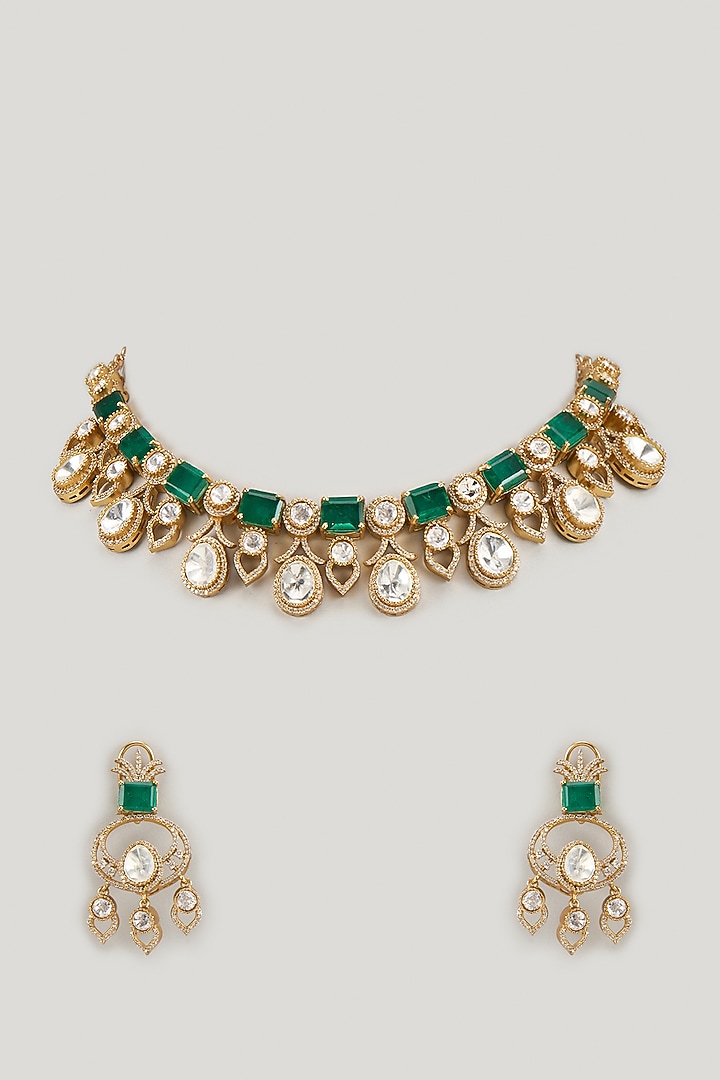 Gold Finish Emerald Stone & Uncut Zircon Choker Necklace Set by Aryah Jewels at Pernia's Pop Up Shop