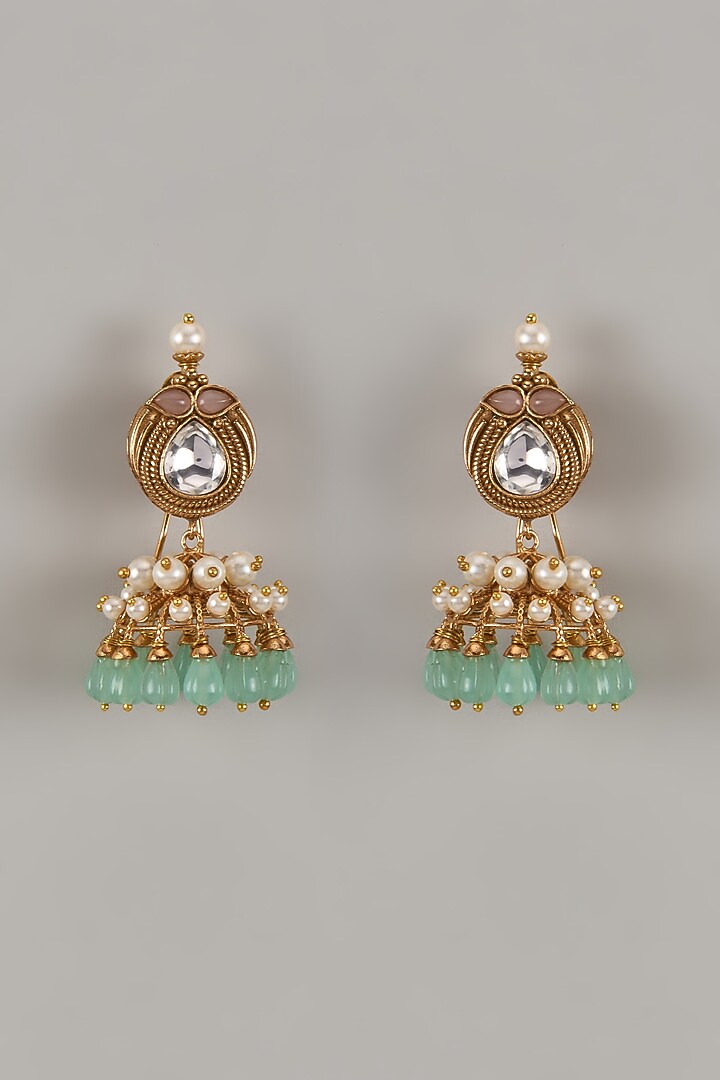 Gold Finish Uncut Zircon & Synthetic Stone Dangler Earrings by Aryah Jewels at Pernia's Pop Up Shop