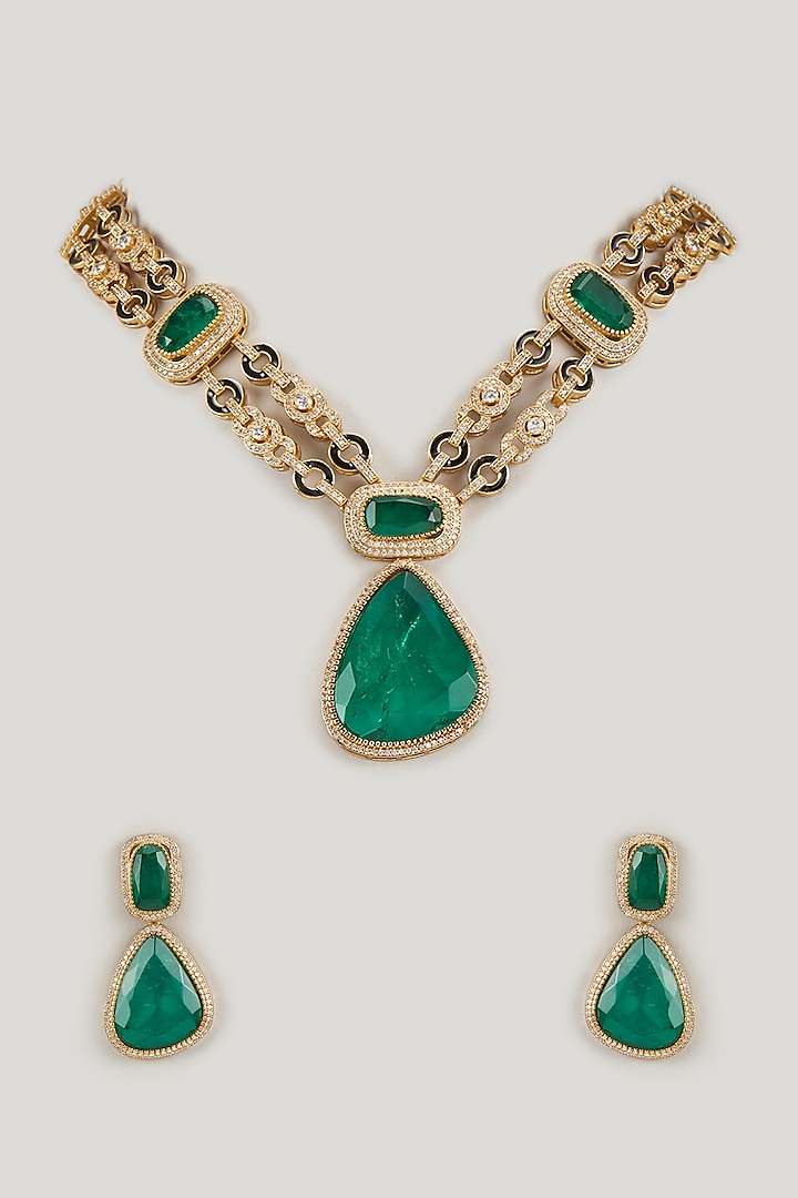 Gold Finish Emerald Doublet Stone & Kundan Polki Pendant Necklace Set by Aryah Jewels at Pernia's Pop Up Shop