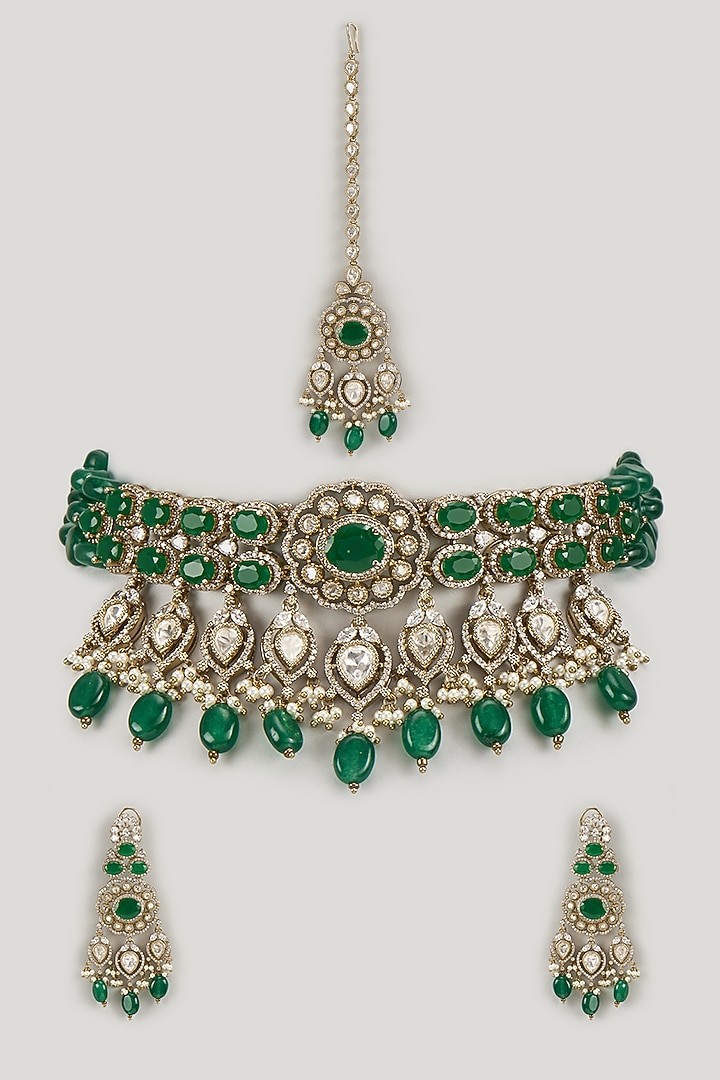 Gold Finish Emerald Stone & Uncut Zircon Choker Necklace Set by Aryah Jewels at Pernia's Pop Up Shop