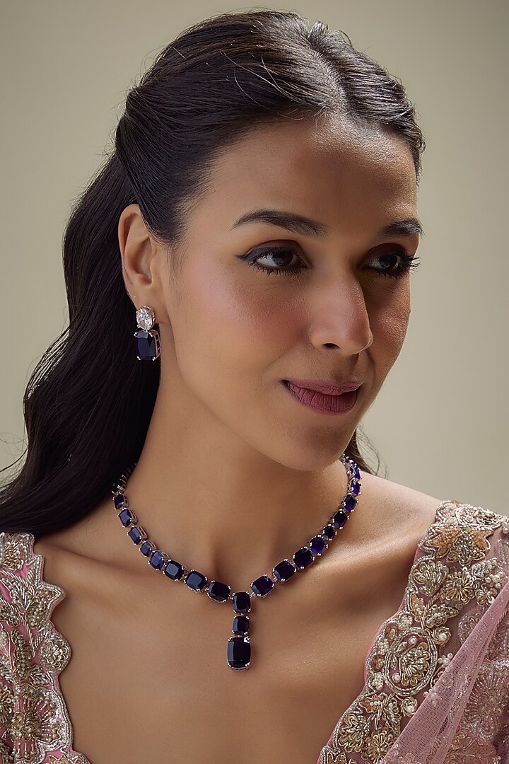 White Finish Synthetic Blue Sapphire Stone Necklace Set by Aryah Jewels at Pernia's Pop Up Shop