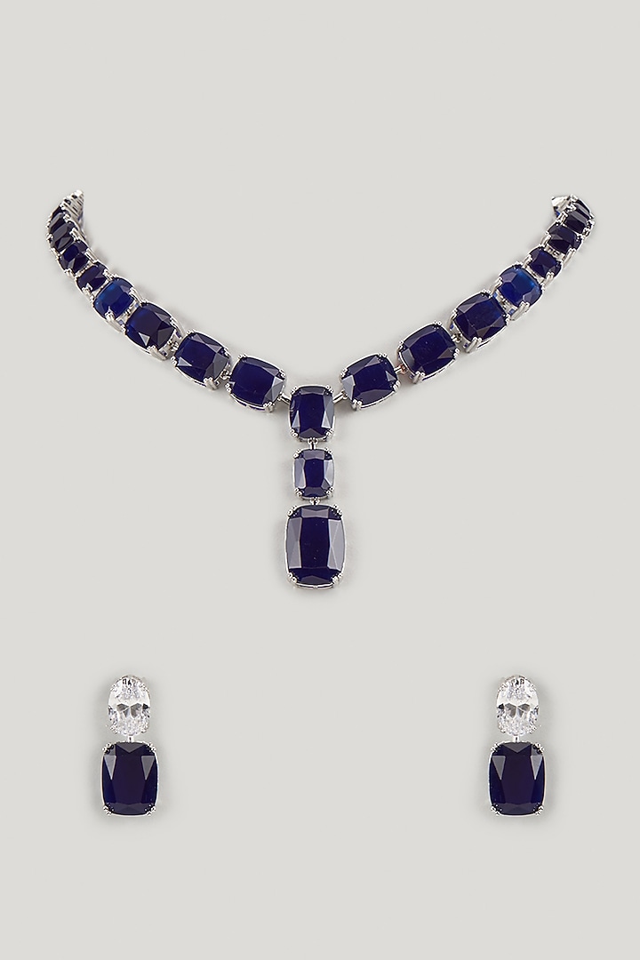 White Finish Synthetic Blue Sapphire Stone Necklace Set by Aryah Jewels at Pernia's Pop Up Shop