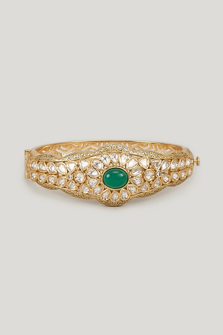 Gold Finish Emerald Stone & Kundan Polki Bracelet by Aryah Jewels at Pernia's Pop Up Shop