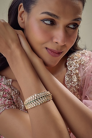 Gold Finish Emerald Stone & Kundan Polki Bracelet by Aryah Jewels