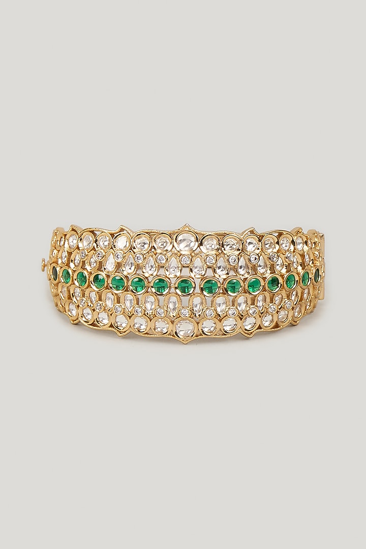 Gold Finish Emerald Stone & Kundan Polki Bracelet by Aryah Jewels at Pernia's Pop Up Shop