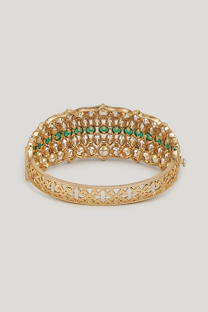 Gold Finish Emerald Stone & Kundan Polki Bracelet by Aryah Jewels at Pernia's Pop Up Shop