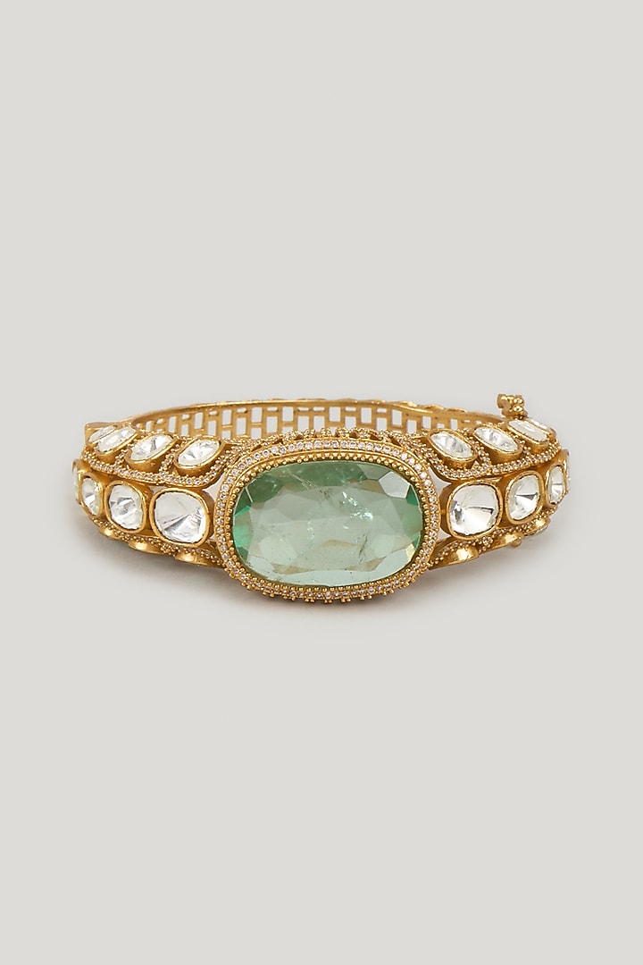 Gold Finish Emerald Stone & Kundan Polki Bracelet by Aryah Jewels at Pernia's Pop Up Shop