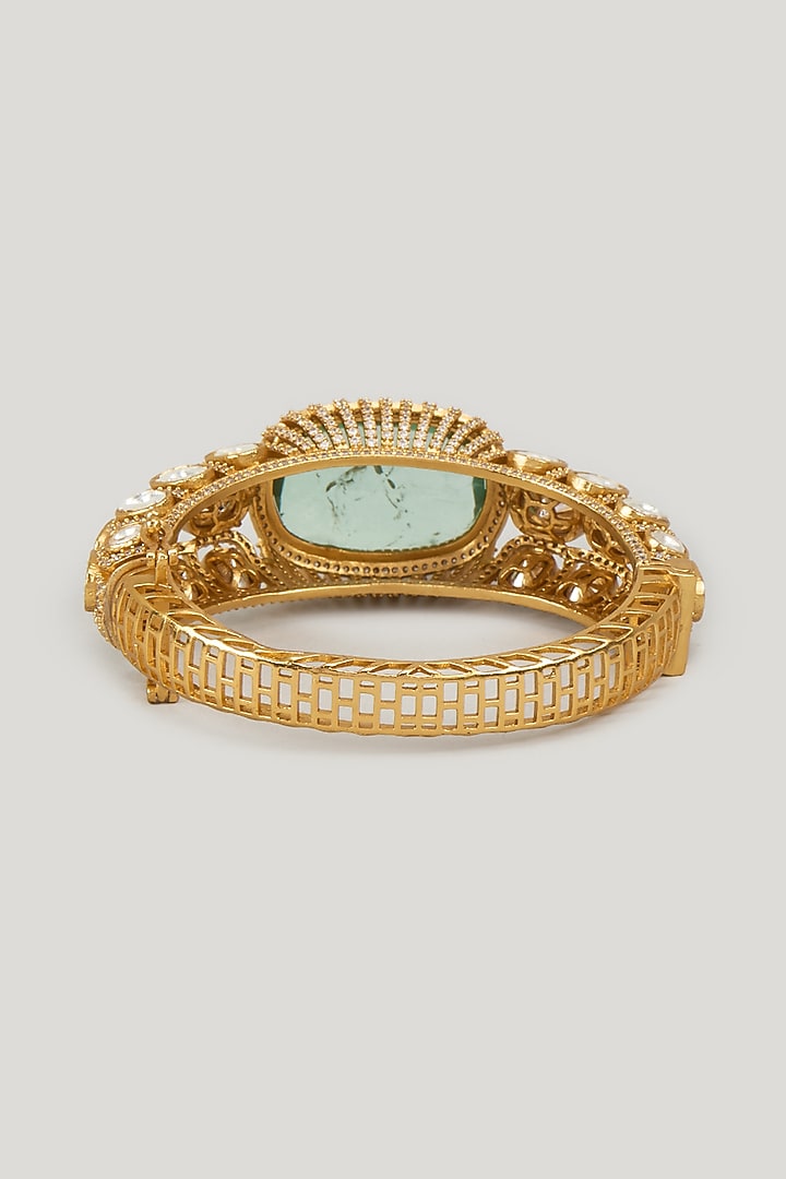 Gold Finish Emerald Stone & Kundan Polki Bracelet by Aryah Jewels at Pernia's Pop Up Shop