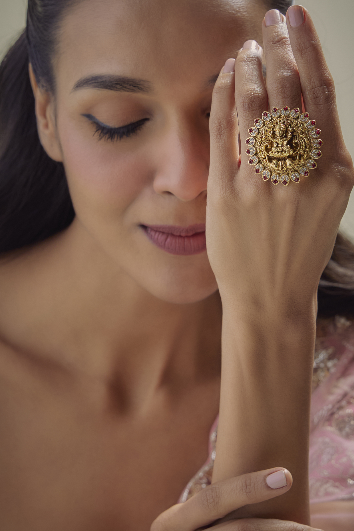 Antique Gold Finish Synthetic Stone & Uncut Zircon Temple Ring by Aryah Jewels at Pernia's Pop Up Shop
