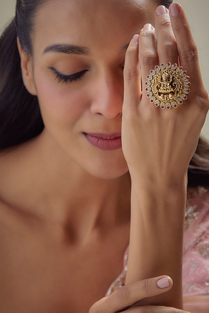 Antique Gold Finish Synthetic Stone & Uncut Zircon Temple Ring by Aryah Jewels at Pernia's Pop Up Shop