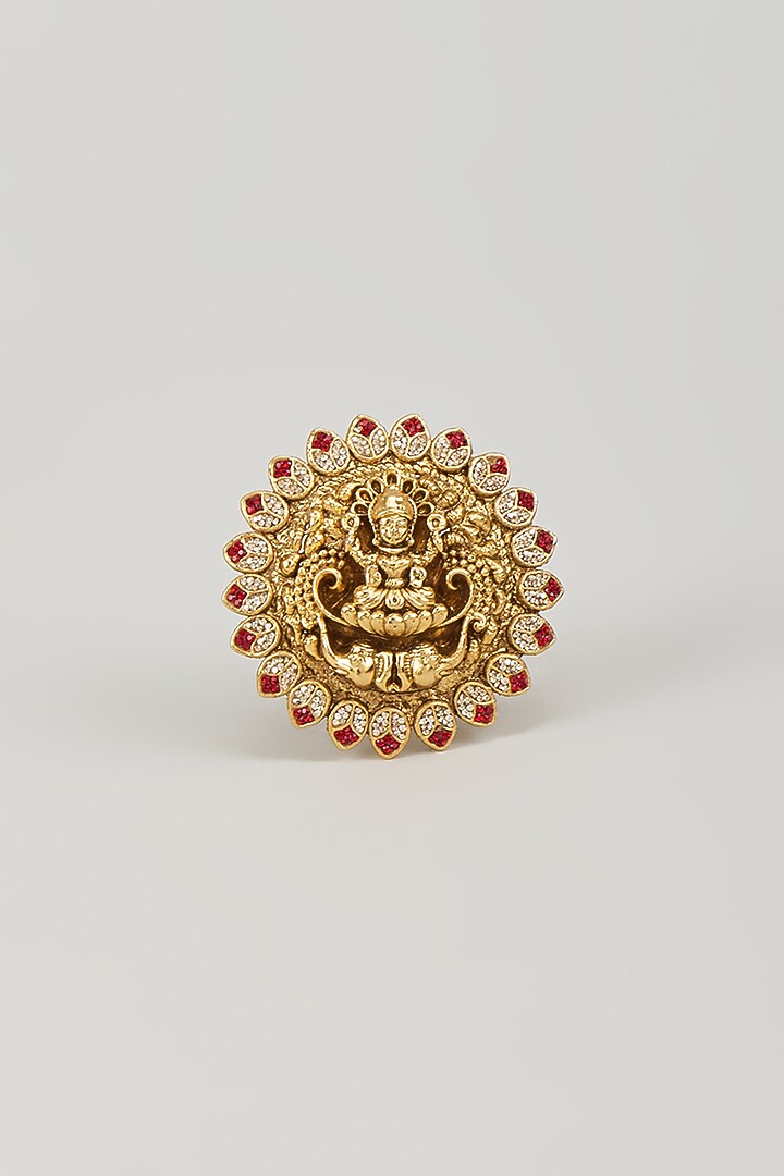 Antique Gold Finish Synthetic Stone & Uncut Zircon Temple Ring by Aryah Jewels at Pernia's Pop Up Shop