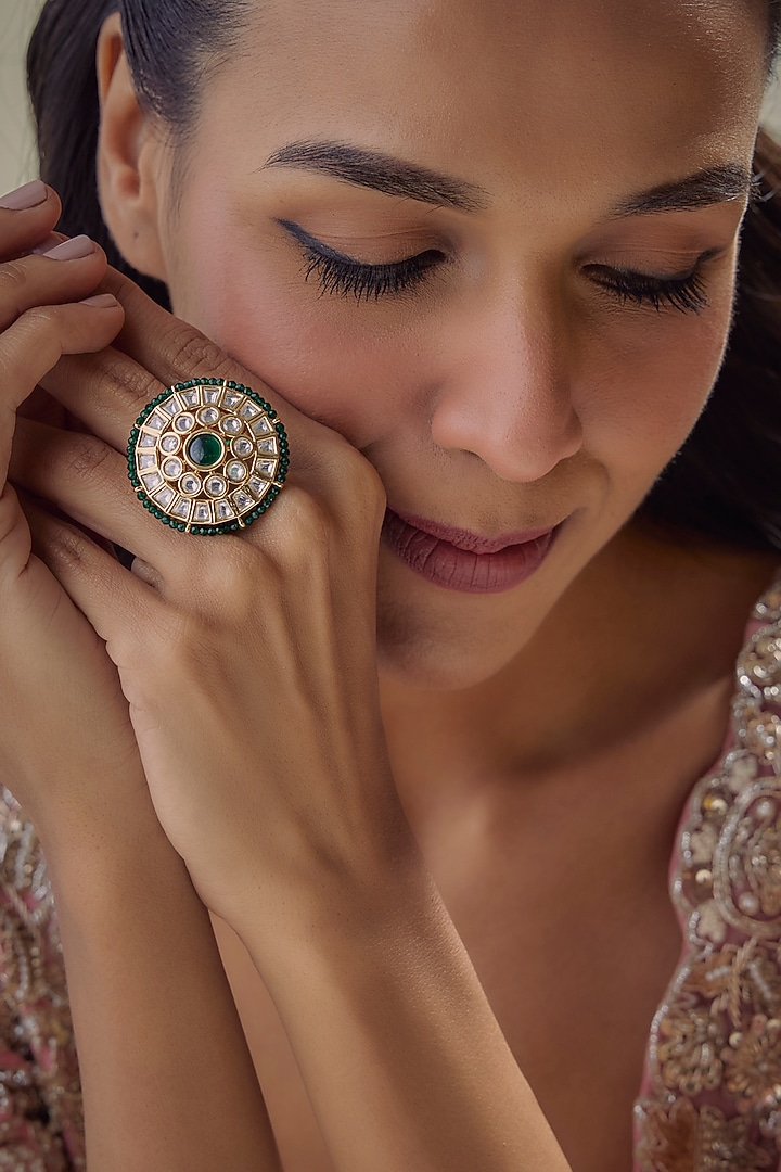Gold Finish Kundan Polki & Emerald Stone Ring by Aryah Jewels at Pernia's Pop Up Shop