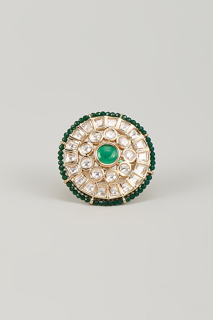 Gold Finish Kundan Polki & Emerald Stone Ring by Aryah Jewels at Pernia's Pop Up Shop