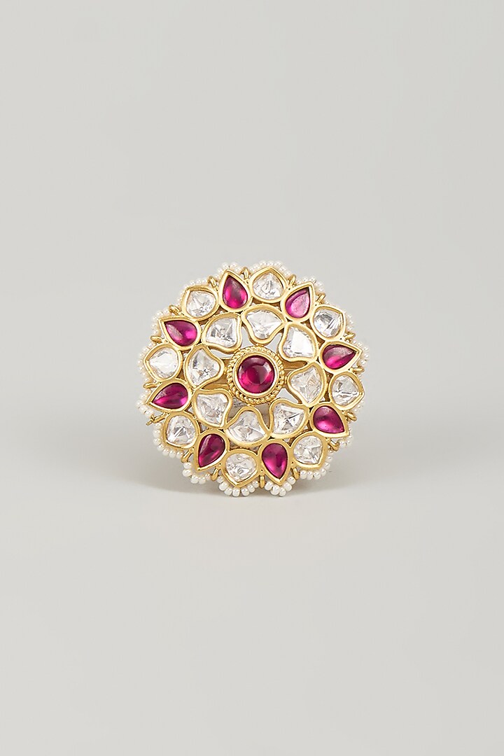 Gold Finish Kundan Polki & Ruby Stone Ring by Aryah Jewels at Pernia's Pop Up Shop