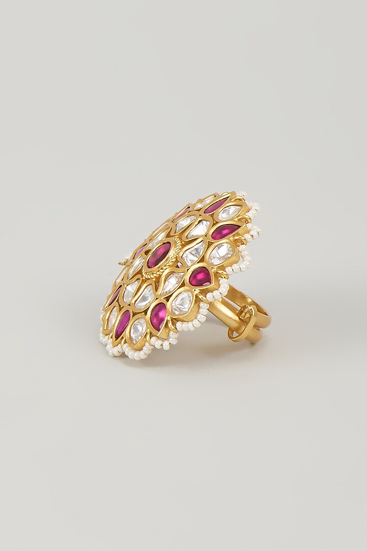 Gold Finish Kundan Polki & Ruby Stone Ring by Aryah Jewels at Pernia's Pop Up Shop