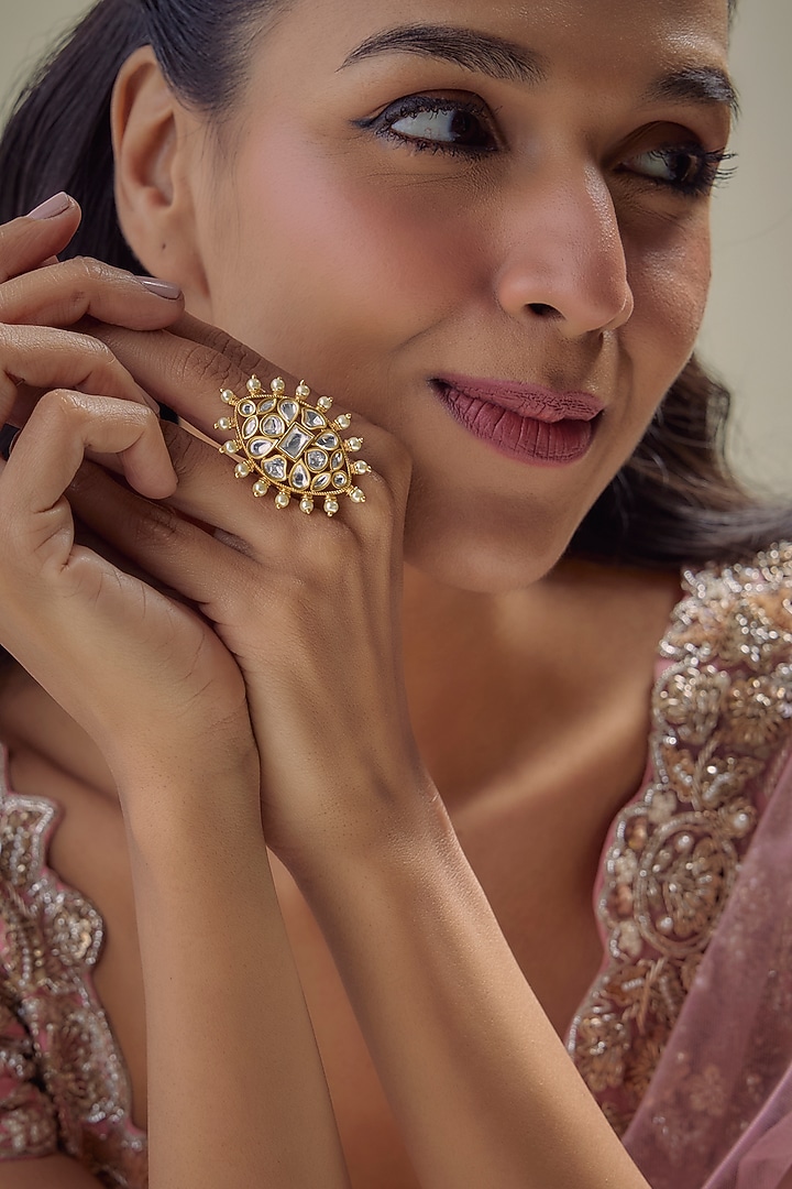 Gold Finish Uncut Zircon & Pearl Ring by Aryah Jewels at Pernia's Pop Up Shop