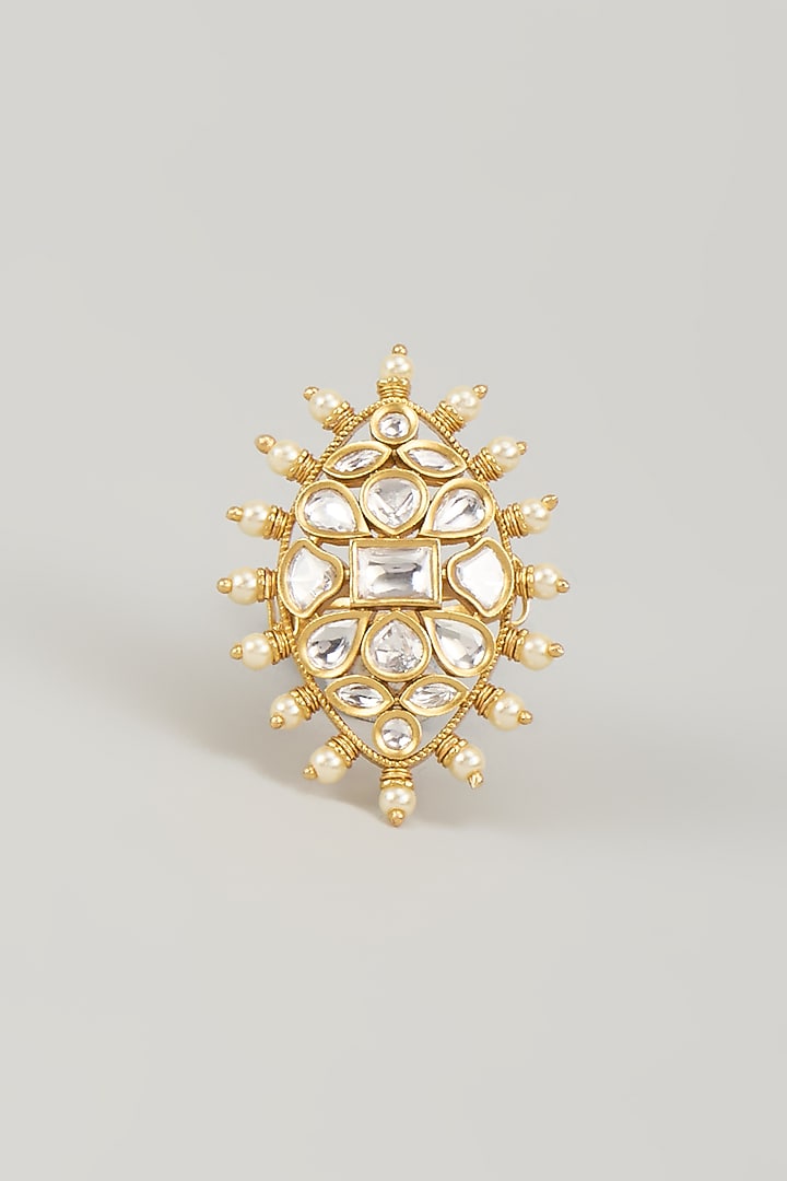Gold Finish Uncut Zircon & Pearl Ring by Aryah Jewels at Pernia's Pop Up Shop