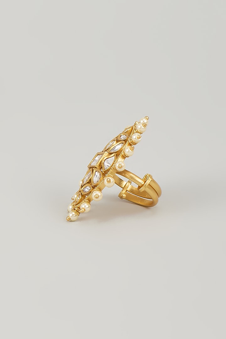 Gold Finish Uncut Zircon & Pearl Ring by Aryah Jewels at Pernia's Pop Up Shop