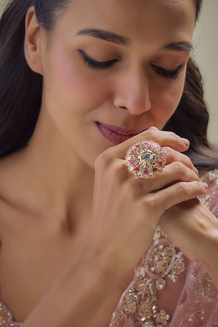 Gold Finish Kundan Polki & Ruby Stone Ring by Aryah Jewels at Pernia's Pop Up Shop