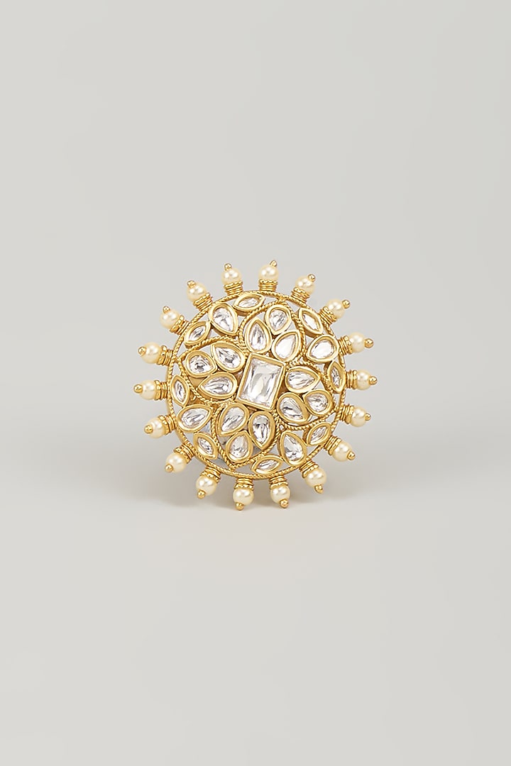Gold Finish Uncut Zircon & Pearl Ring by Aryah Jewels at Pernia's Pop Up Shop