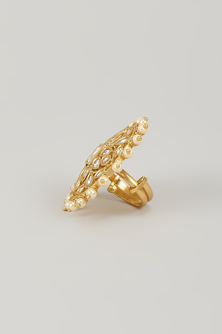 Gold Finish Uncut Zircon & Pearl Ring by Aryah Jewels at Pernia's Pop Up Shop