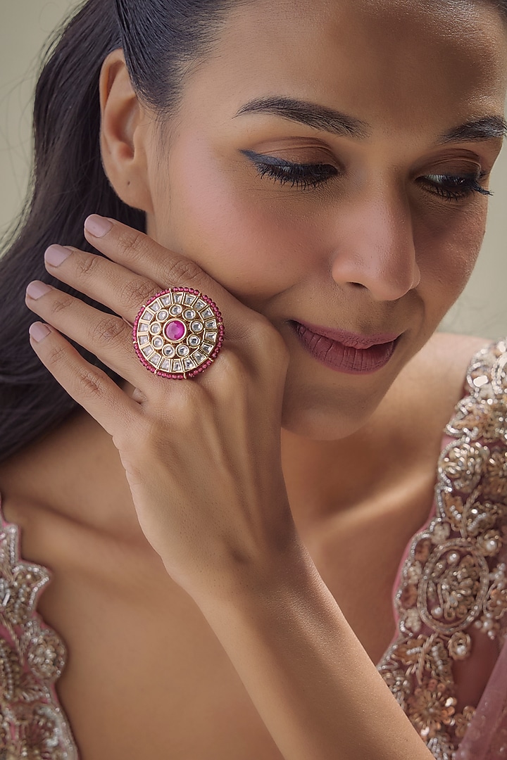 Gold Finish Kundan Polki & Ruby Stone Ring by Aryah Jewels at Pernia's Pop Up Shop