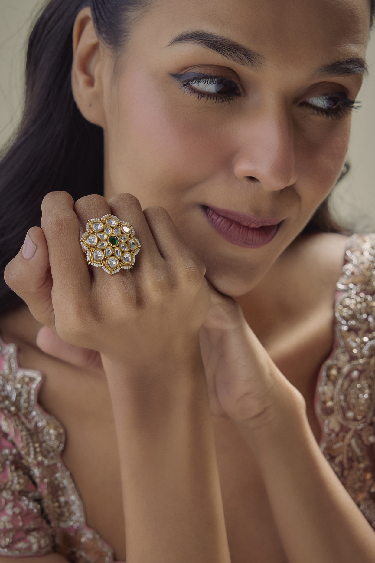 Gold Finish Kundan Polki & Emerald Stone Ring by Aryah Jewels at Pernia's Pop Up Shop