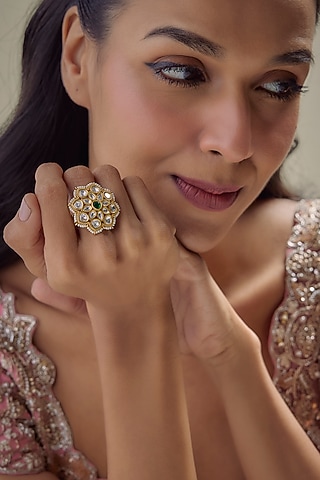 Gold Finish Kundan Polki & Emerald Stone Ring by Aryah Jewels
