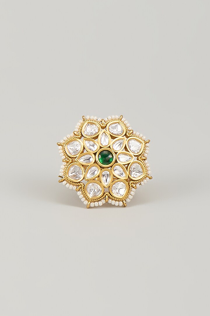 Gold Finish Kundan Polki & Emerald Stone Ring by Aryah Jewels at Pernia's Pop Up Shop