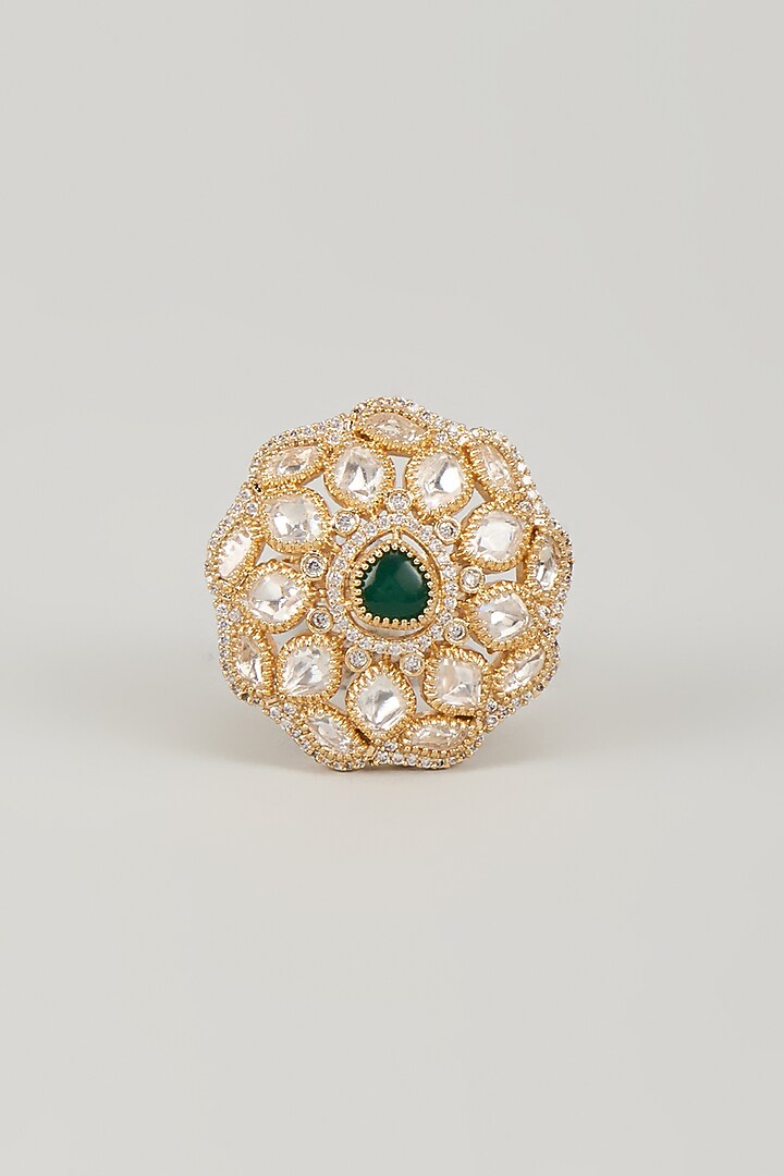Gold Finish Kundan Polki & Emerald Stone Ring by Aryah Jewels at Pernia's Pop Up Shop