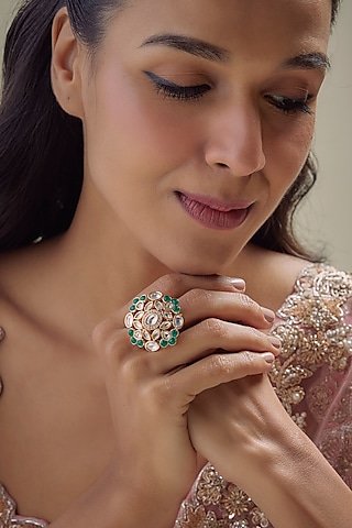 Gold Finish Kundan Polki & Emerald Stone Ring by Aryah Jewels