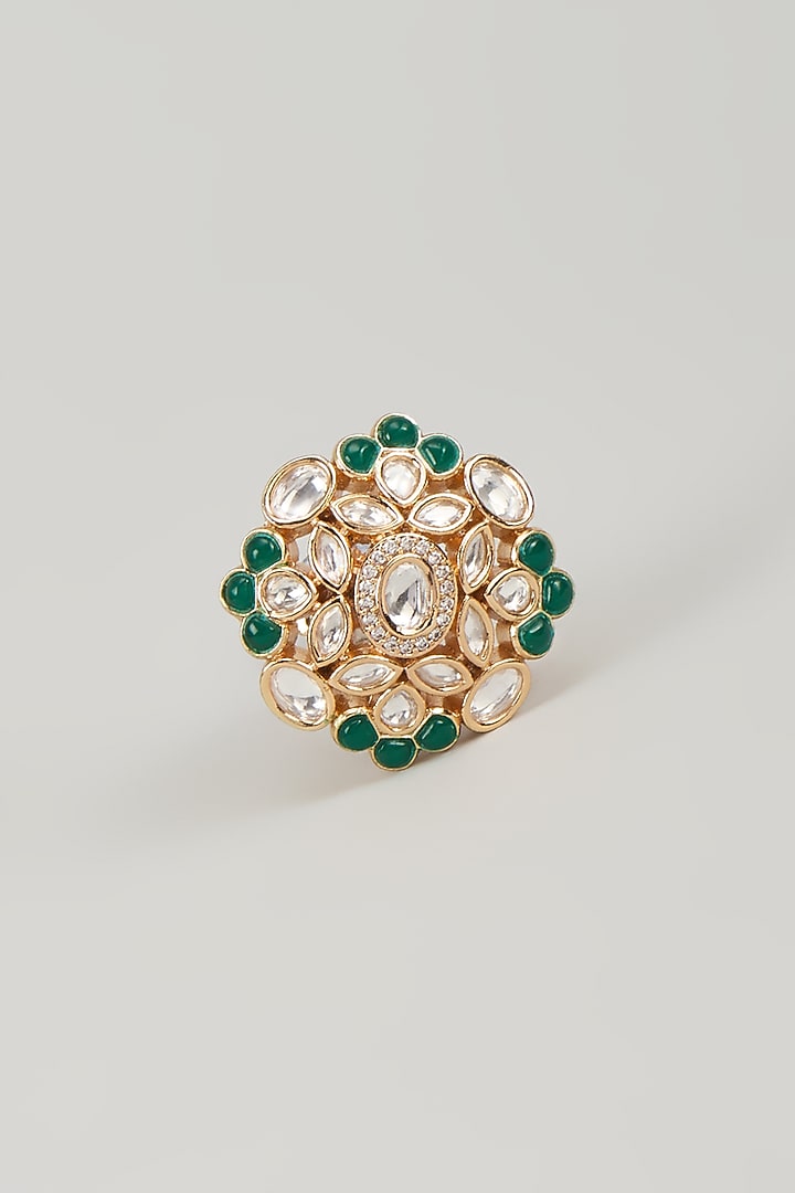 Gold Finish Kundan Polki & Emerald Stone Ring by Aryah Jewels at Pernia's Pop Up Shop