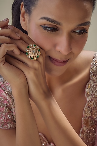 Gold Finish Kundan Polki & Emerald Stone Ring by Aryah Jewels