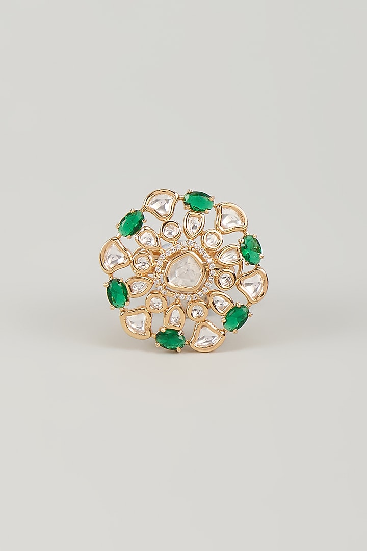 Gold Finish Kundan Polki & Emerald Stone Ring by Aryah Jewels at Pernia's Pop Up Shop