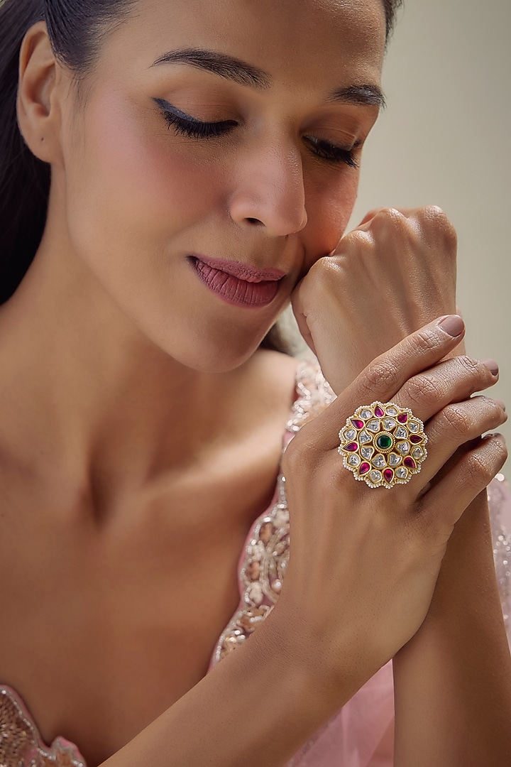 Gold Finish Pink Jadtar Stone & Pearl Ring by Aryah Jewels at Pernia's Pop Up Shop