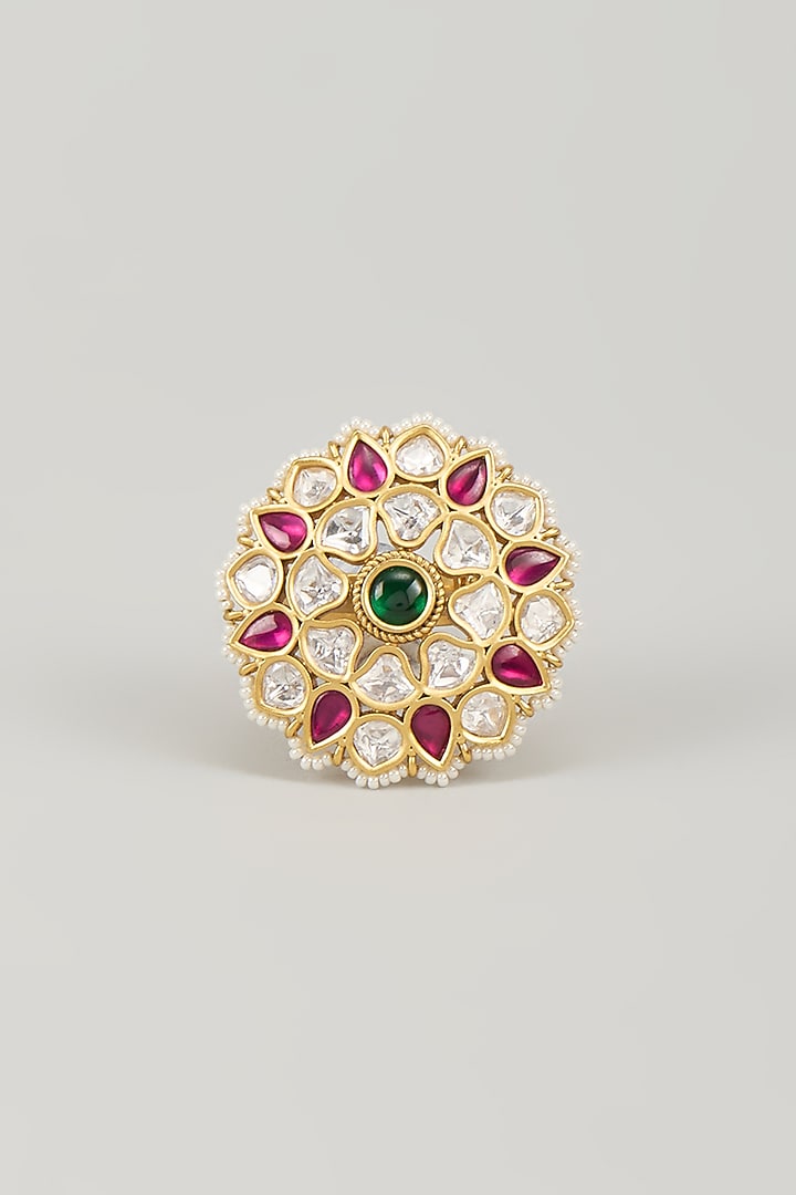 Gold Finish Pink Jadtar Stone & Pearl Ring by Aryah Jewels at Pernia's Pop Up Shop