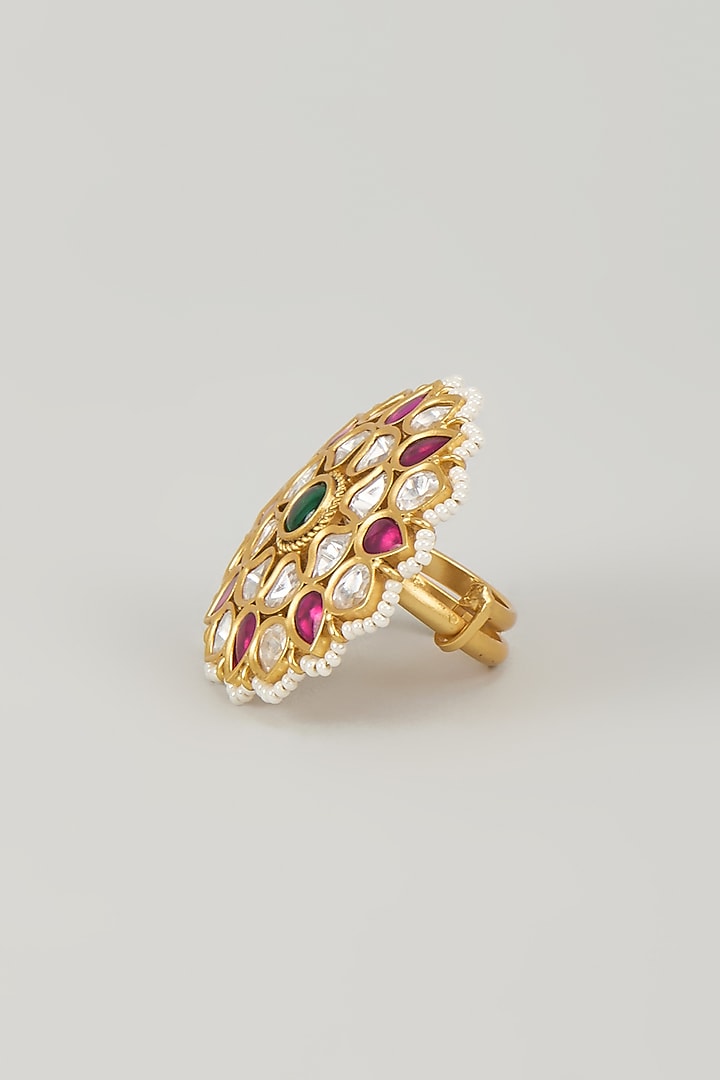 Gold Finish Pink Jadtar Stone & Pearl Ring by Aryah Jewels at Pernia's Pop Up Shop