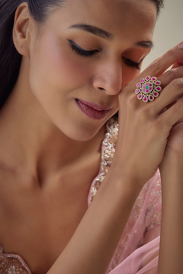 Antique Gold Finish Pink & White Jadtar Stone & Pearl Ring by Aryah Jewels at Pernia's Pop Up Shop